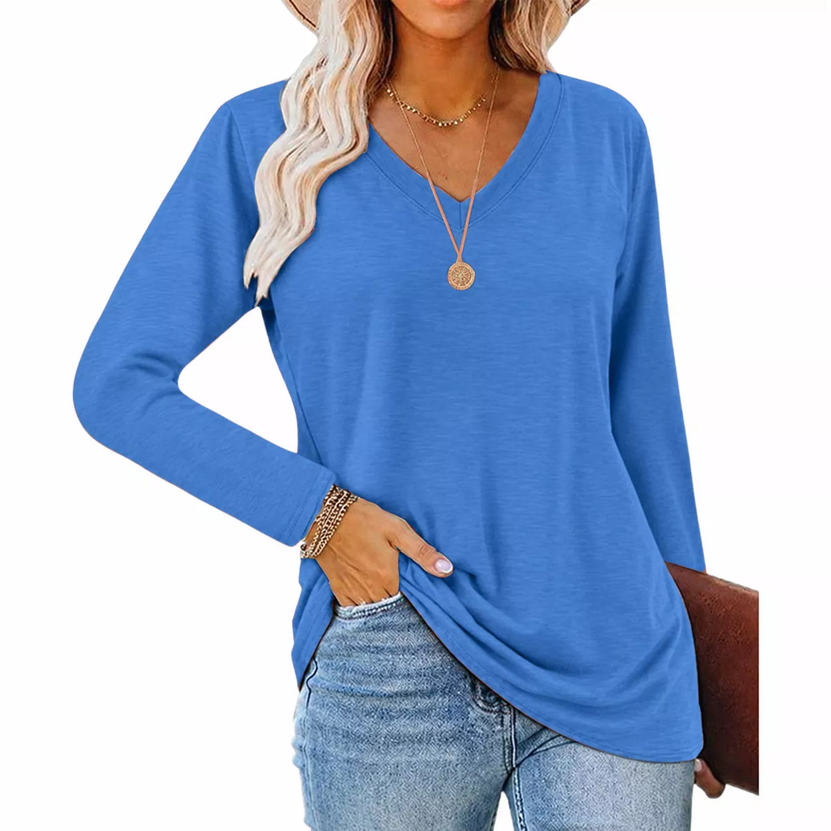 ✨ Ny kollektion 💎 Avslappnad dam-T-shirt med V-ringning och långa ärmar – bekväm basplagg för vardagen