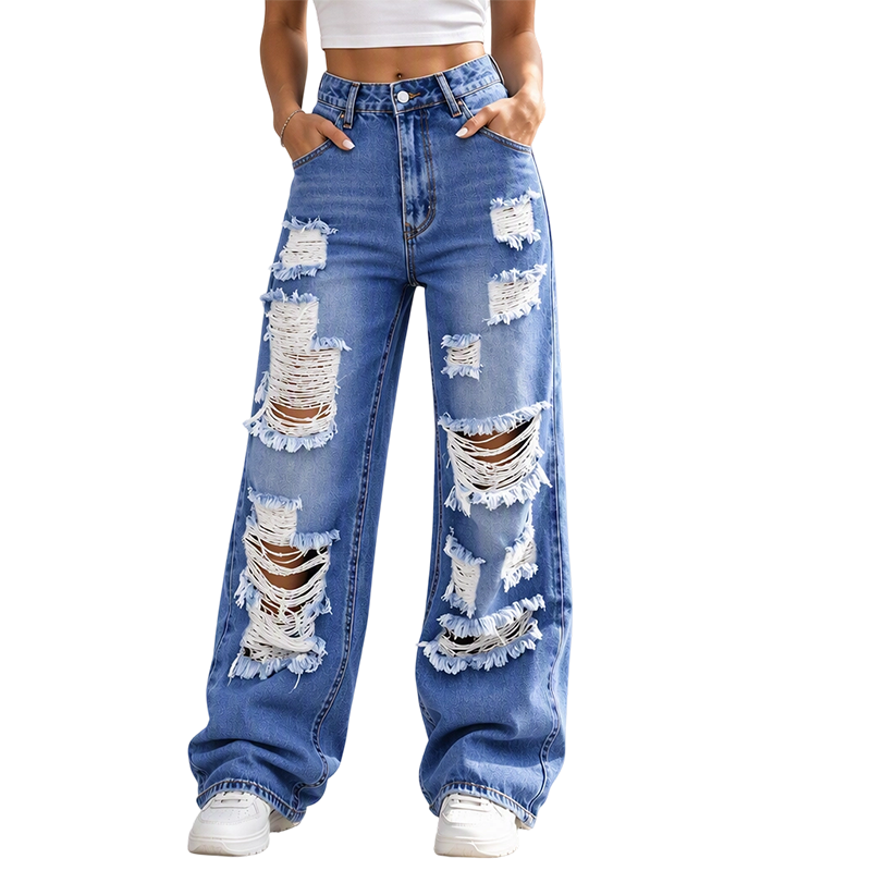 đDamjeans med revor, vida ben och sliten design, högmidjade jeansbyxor