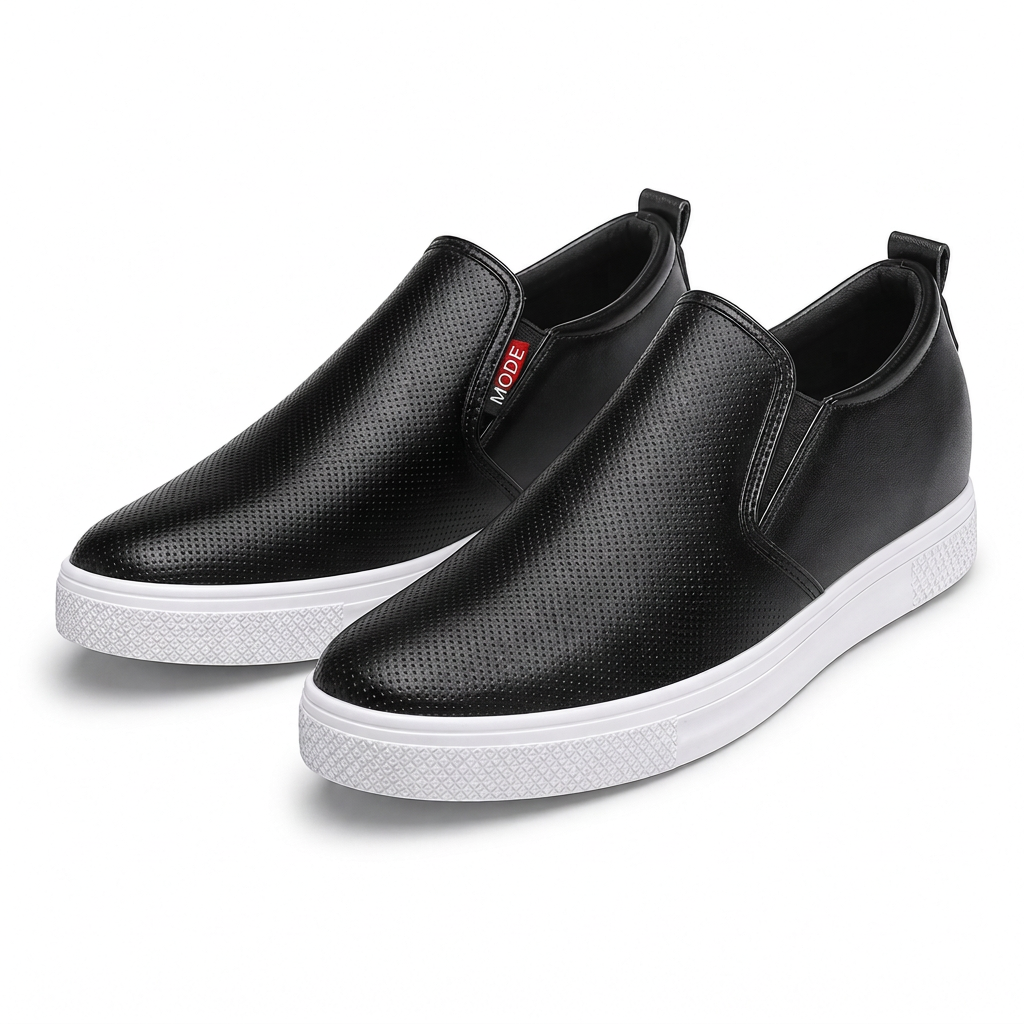 Damskor i mjukt läder, slip-on-modell med dold höjning, platt halkfri sula