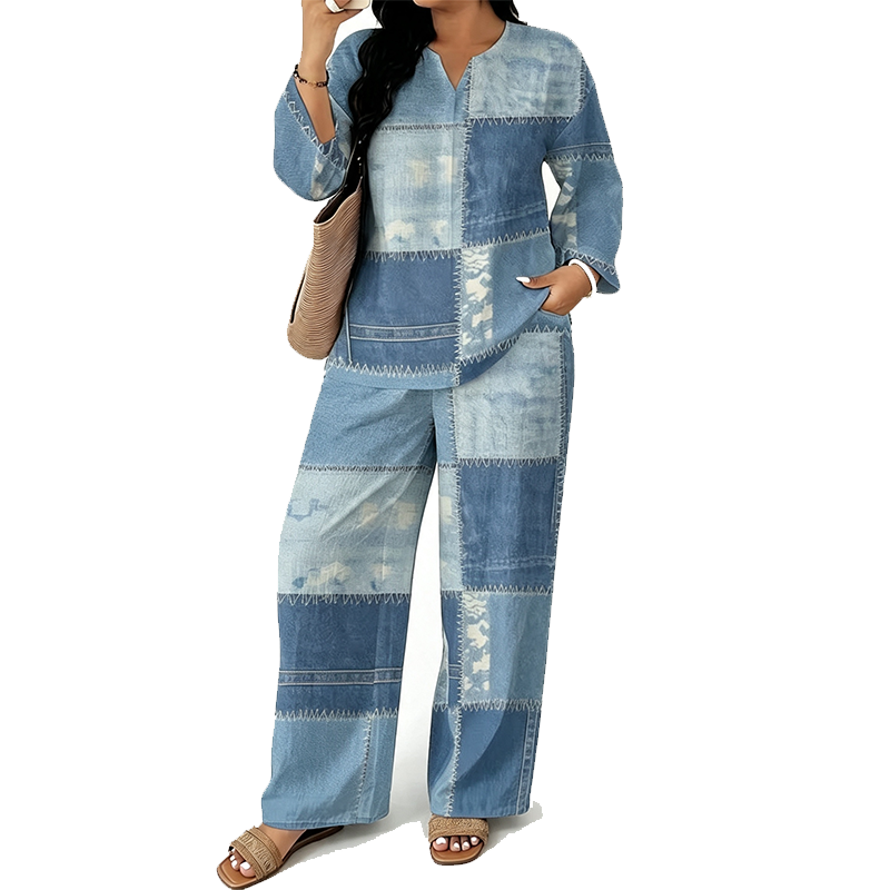 đ„ 50 % RABATT UNDER BEGRĂNSAD TID! đ Dammode i jeansmönster med topp och byxor med vida ben â bekvĂ€mt, retro och elegant âš
