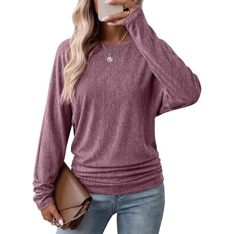 📢🎉50 % rabatt!!!🛍️✨Avslappnad, ledig damtröja med rund hals, långa ärmar, nedfallande axlar, fladdermusärmar och volanger på sidorna