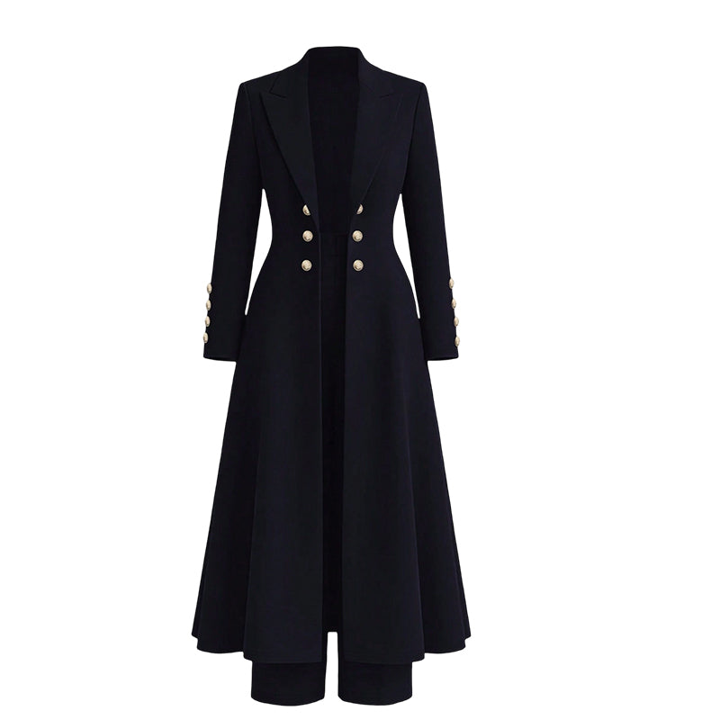 Kvinnlig elegant höst-outfit i två delar med retro långärmad kavaj och enkla byxor
