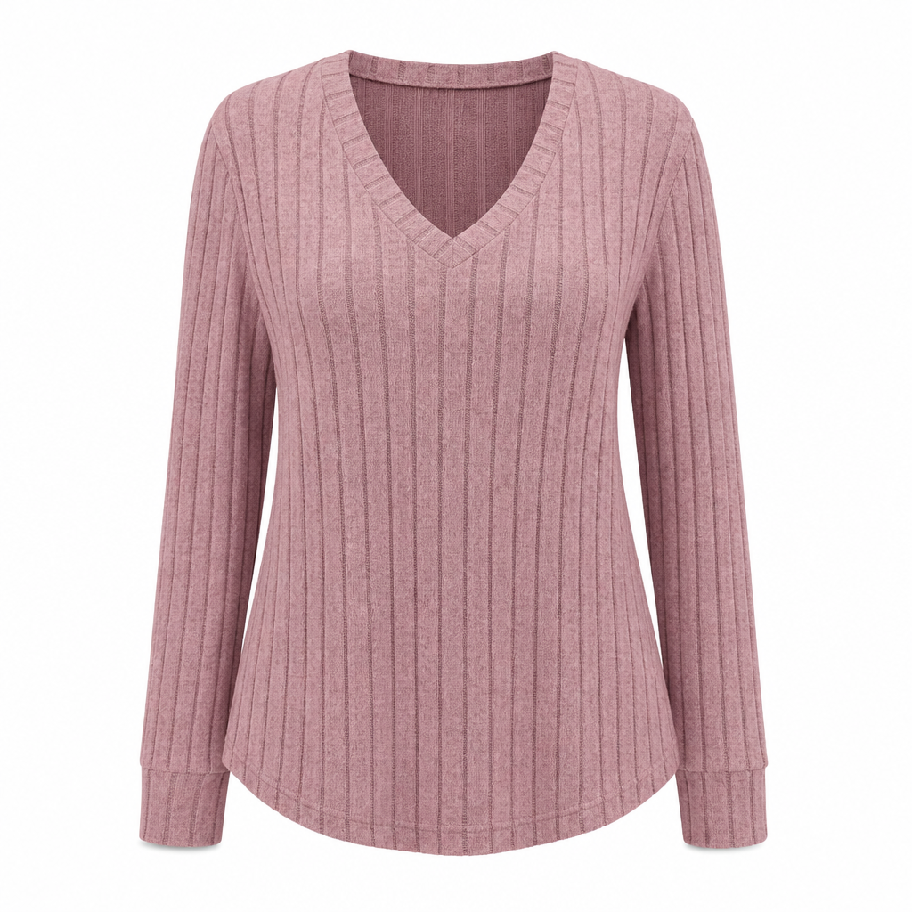✨T-shirt i ribbstickad, borstad trikå för dam med stora storlekar, V-ringning, långa ärmar, lös modell, enfärgad överdel med rund hals