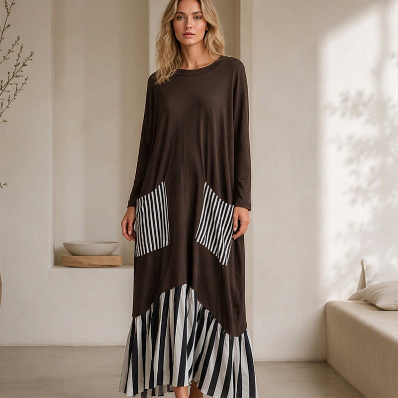 ⏰ Sista dagen i rean – 50 % RABATT ✨Lång maxiklänning med långa ärmar i patchwork med ränder för damer