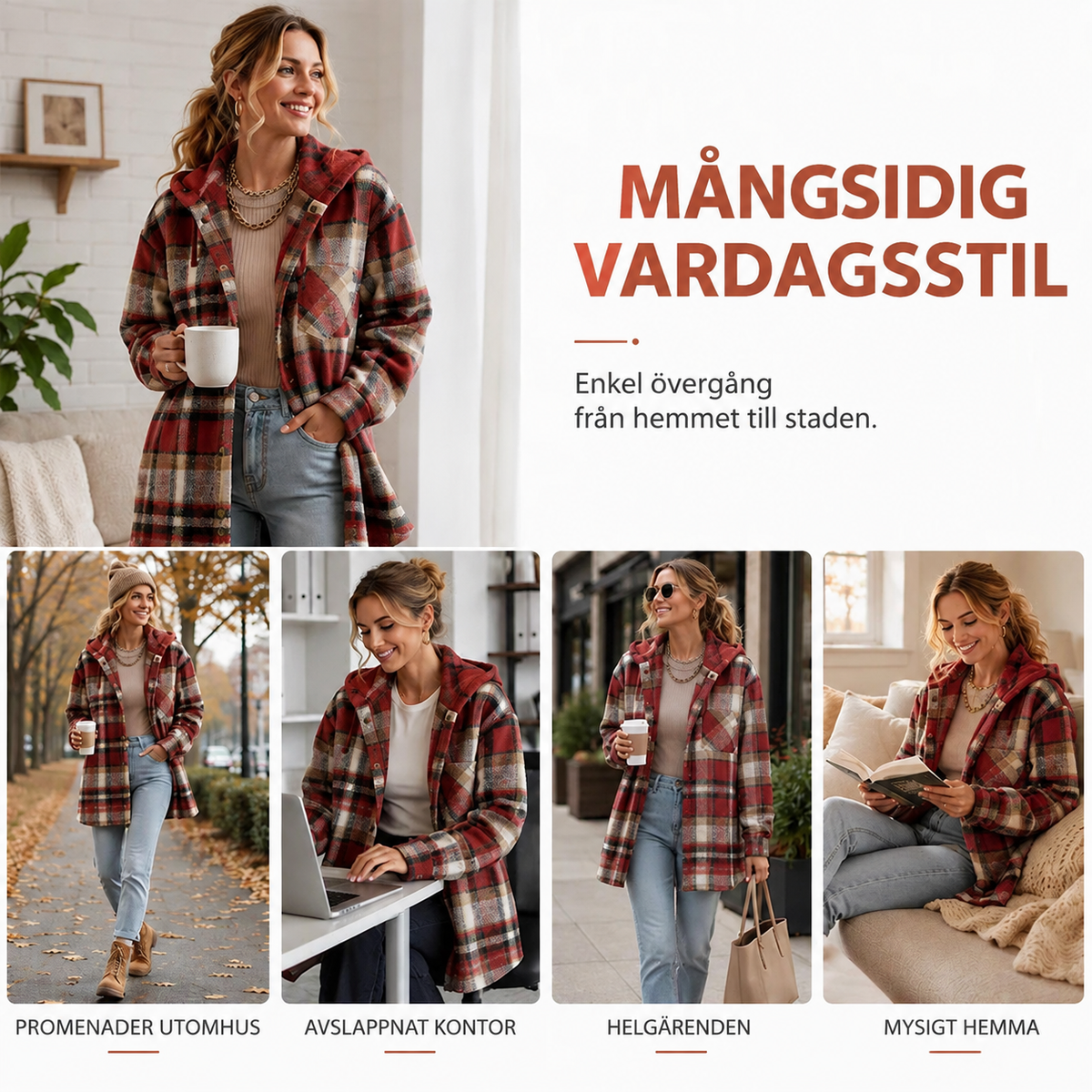 🔥50 % rabatt🔥⏰Klassisk, mysig rutig damjacka med huva🧥