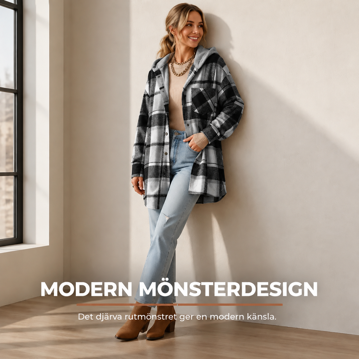 🔥50 % rabatt🔥⏰Klassisk, mysig rutig damjacka med huva🧥