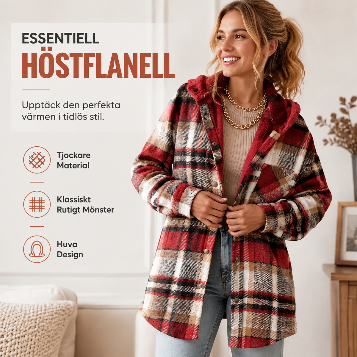 🔥50 % rabatt🔥⏰Klassisk, mysig rutig damjacka med huva🧥