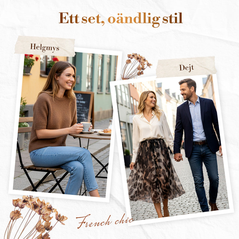 Tvådelat set för kvinnor med tröja och fladdrande leopardmönstrad kjol