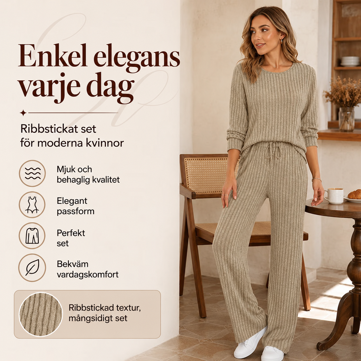 Set med ribbad stickad topp och raka byxor för damer