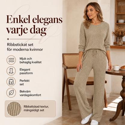 Set med ribbad stickad topp och raka byxor för damer