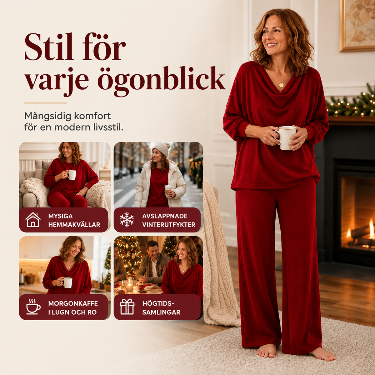 🍂 Velour Set för Dam – Cowl Hals, Vida Ben & Mjuk Elegans för Helg & Vardag