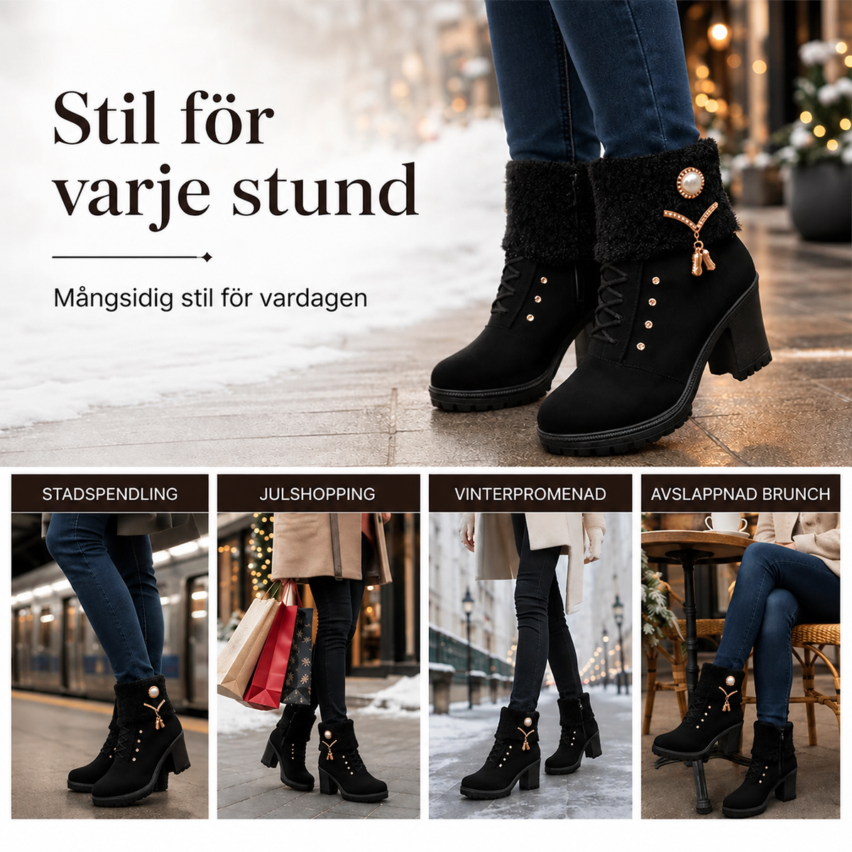 HET REA! Eleganta Svarta Vinterstövlar med Klack - Varma, Halkskyddade & Vattentåliga