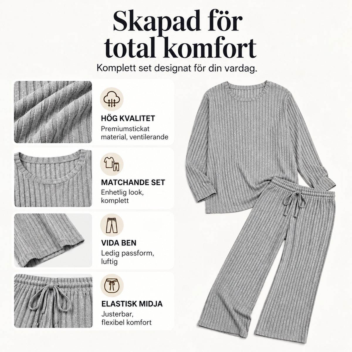 Set med ribbad stickad topp och raka byxor för damer