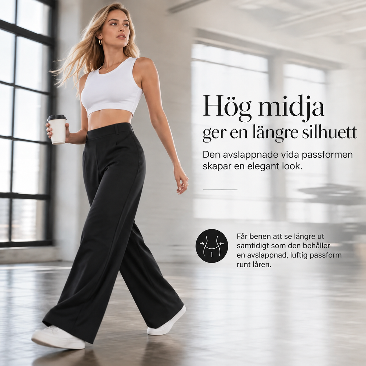 Casualbyxor för damer med hög midja, vida ben och skräddarsydd passform med ett flödande fall