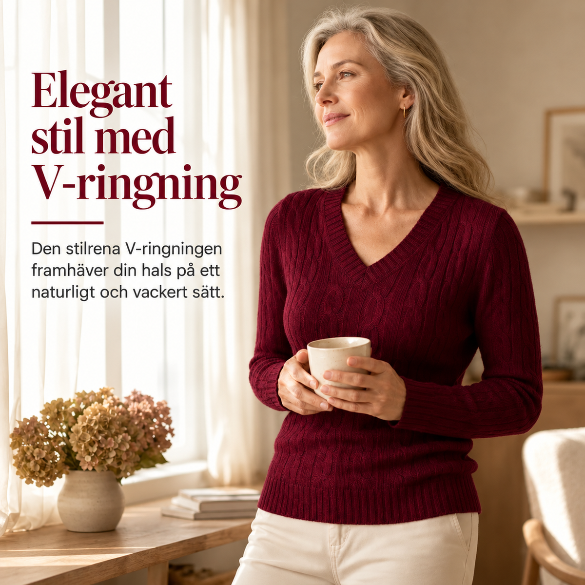 Stickad tröja med flätmönster och V-ringning för dam – långärmad, mjuk och varm