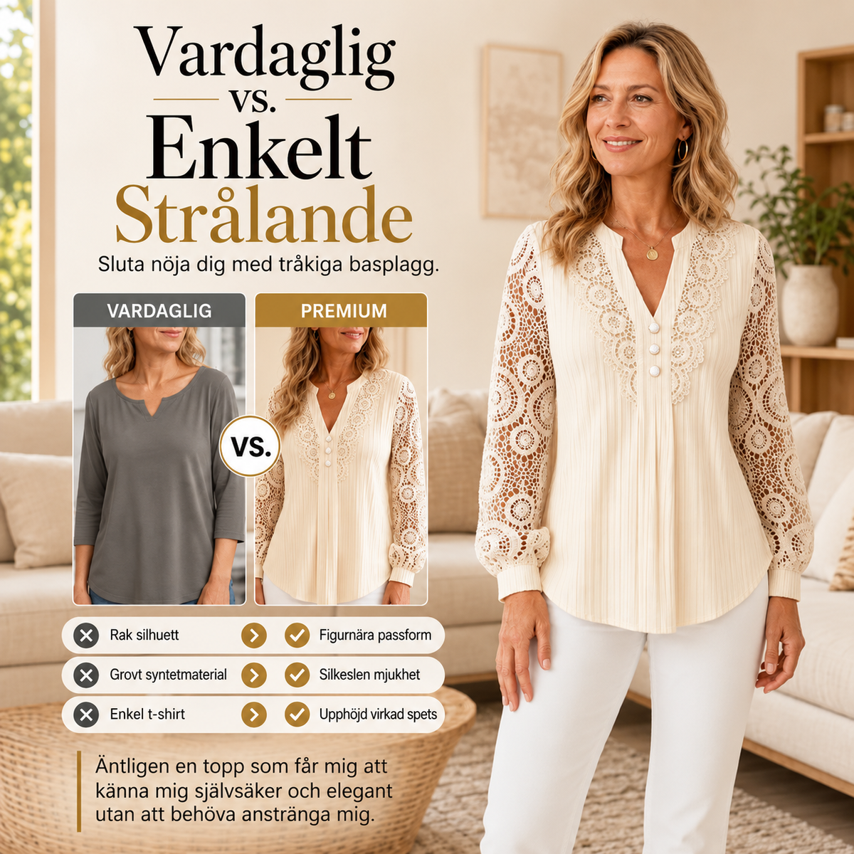 🔥🎁Nyhet 50 % RABATT🔥Långärmad topp med V-ringning och spetsinlägg för damer