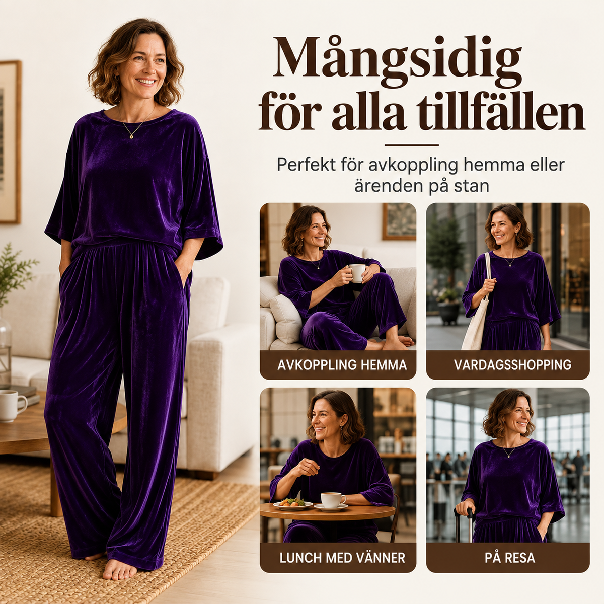 Set med halvärmad topp i sammet och byxor med vida ben för damer