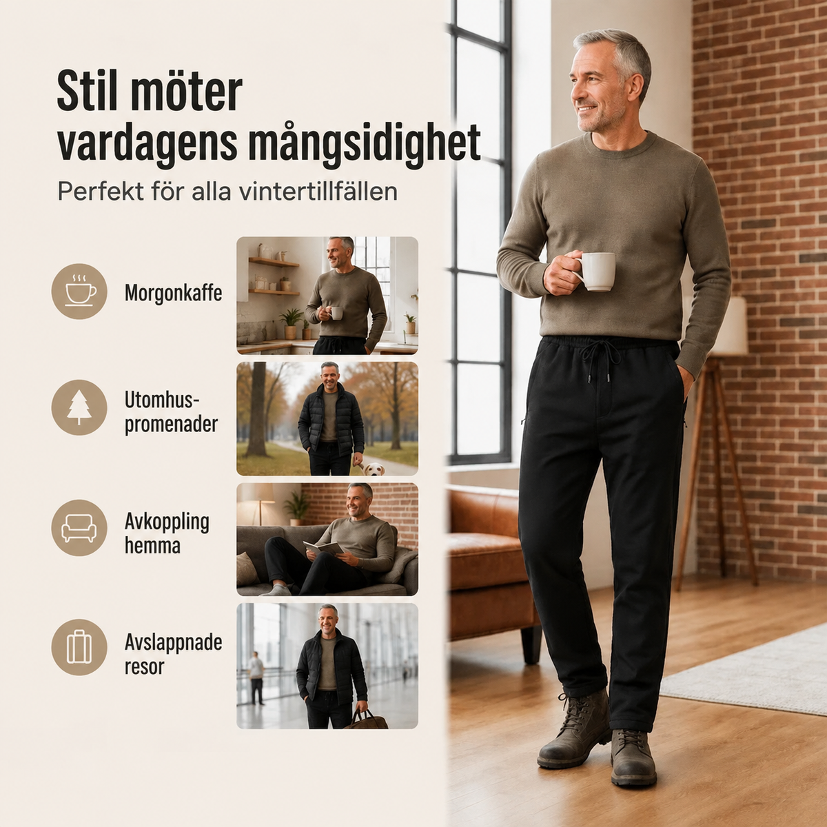 Vindtäta, vadderade termobyxor för män