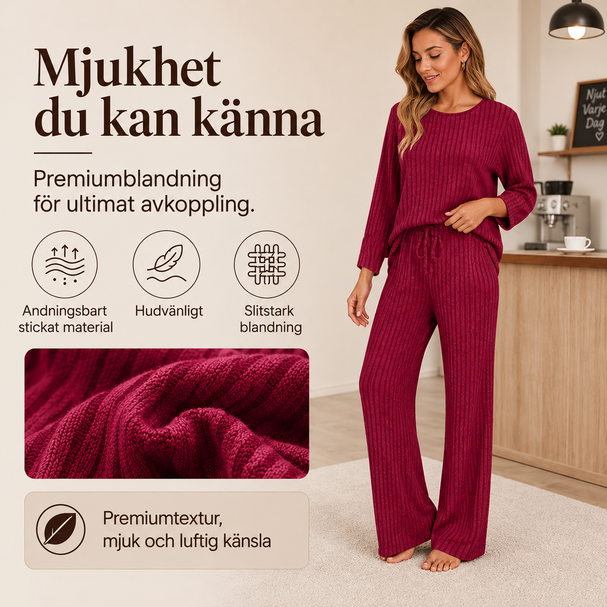 Set med ribbad stickad topp och raka byxor för damer