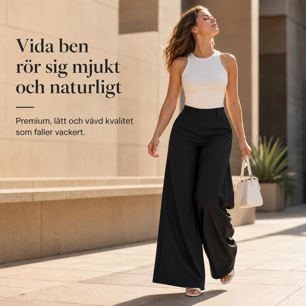 Casualbyxor för damer med hög midja, vida ben och skräddarsydd passform med ett flödande fall