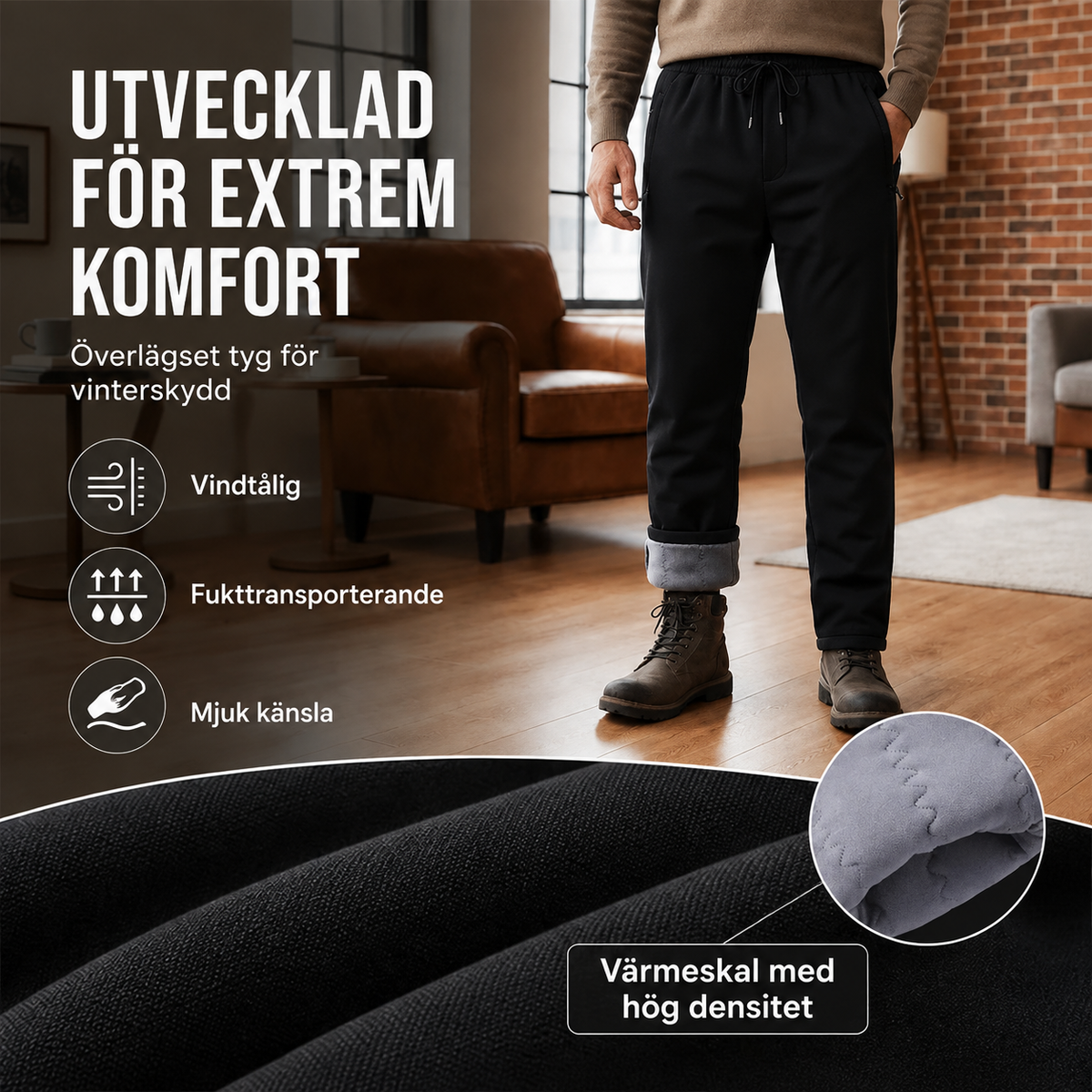 Vindtäta, vadderade termobyxor för män
