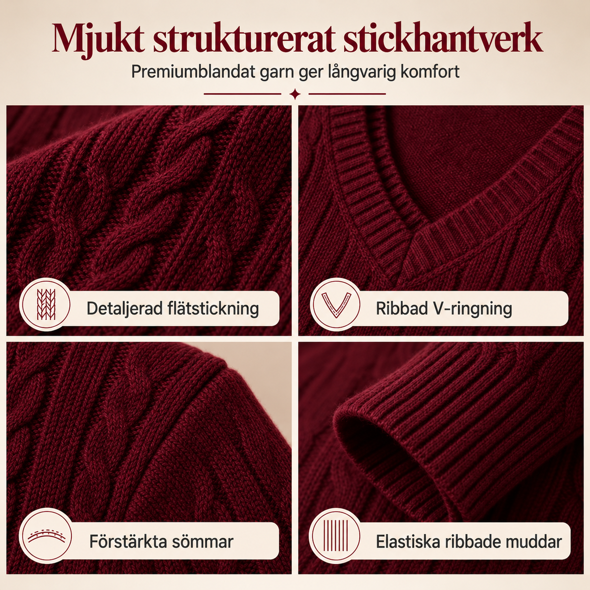 Stickad tröja med flätmönster och V-ringning för dam – långärmad, mjuk och varm