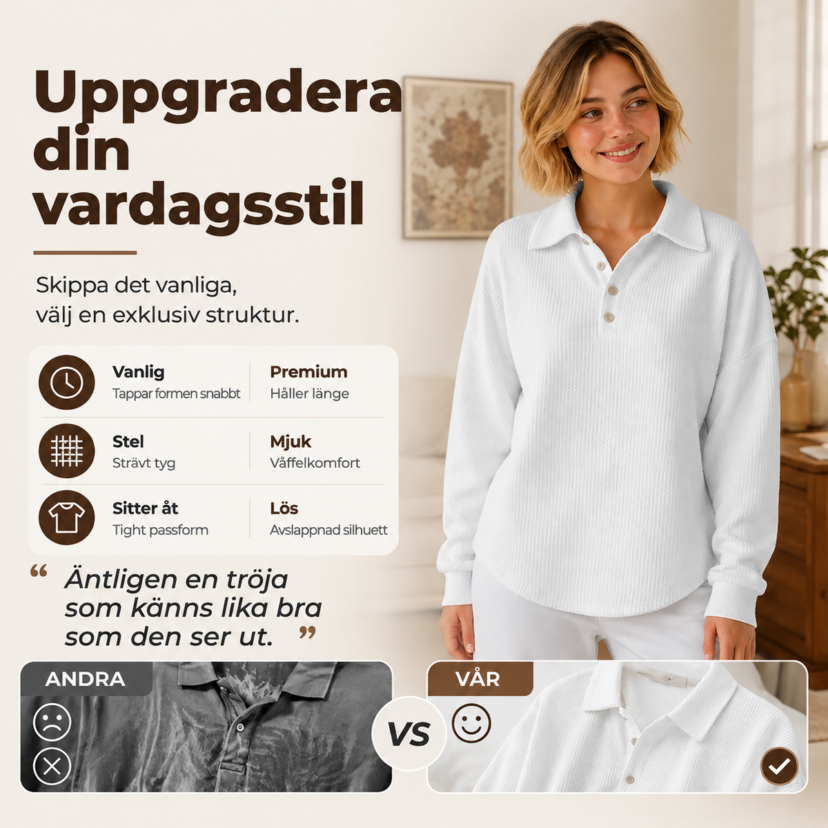 Mjuk Waffelstickad Tröja med Krage – Andas Material, Löst Sitty, Perfekt för Hösten