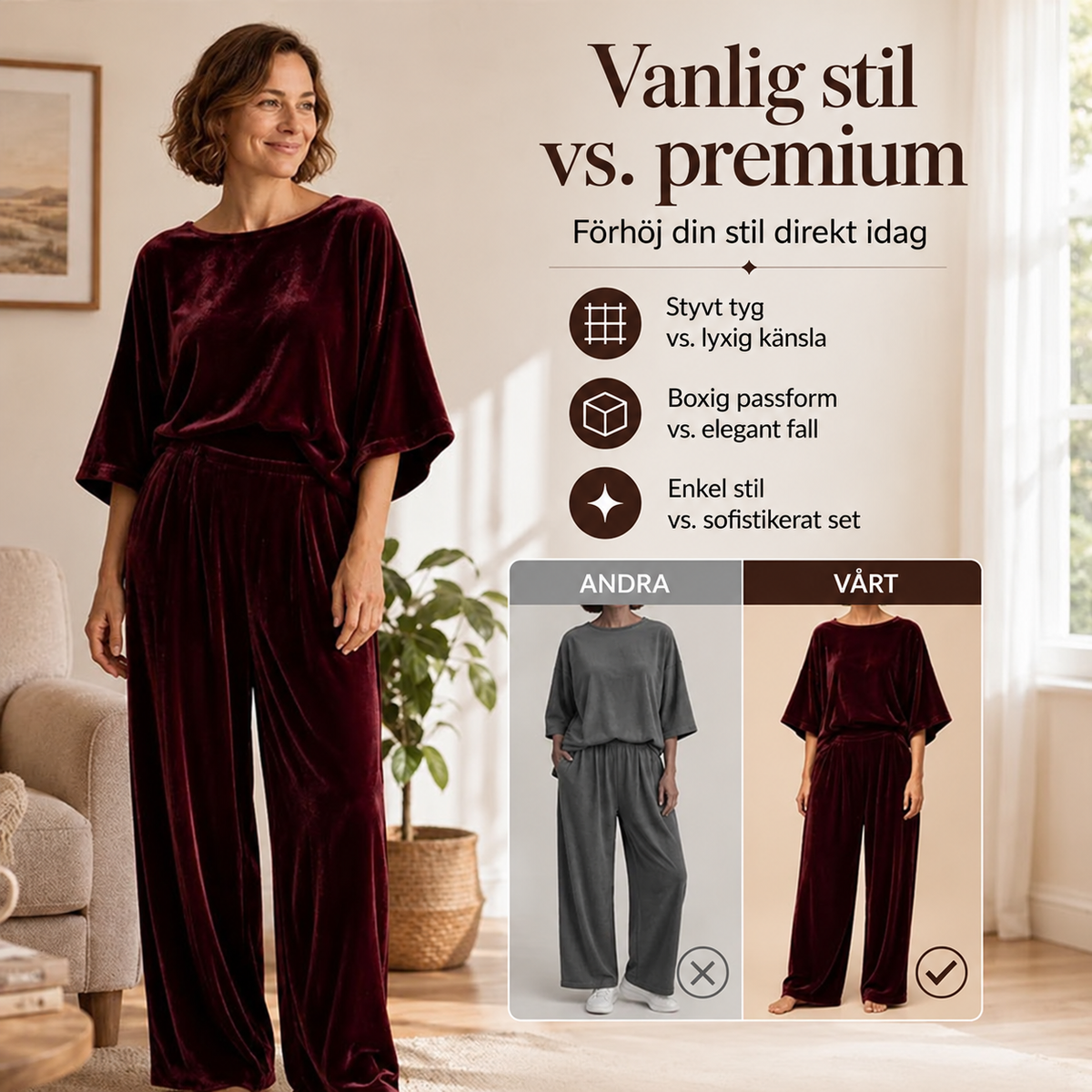 Set med halvärmad topp i sammet och byxor med vida ben för damer