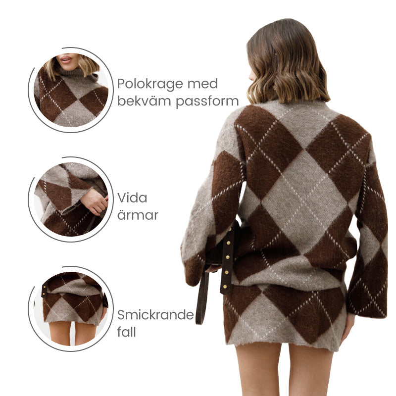 Damset med diamantmönster och stickad tröja och kjol, 2 delar