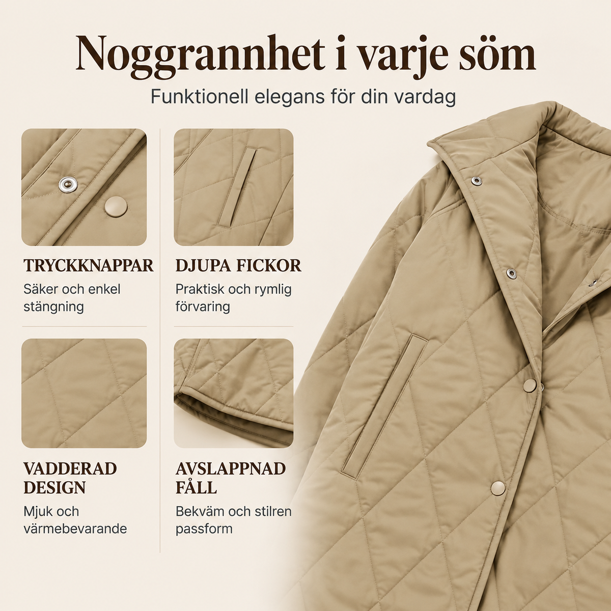 ❄️Vinterjackor med huva och diamantmönstrad quiltning för damer