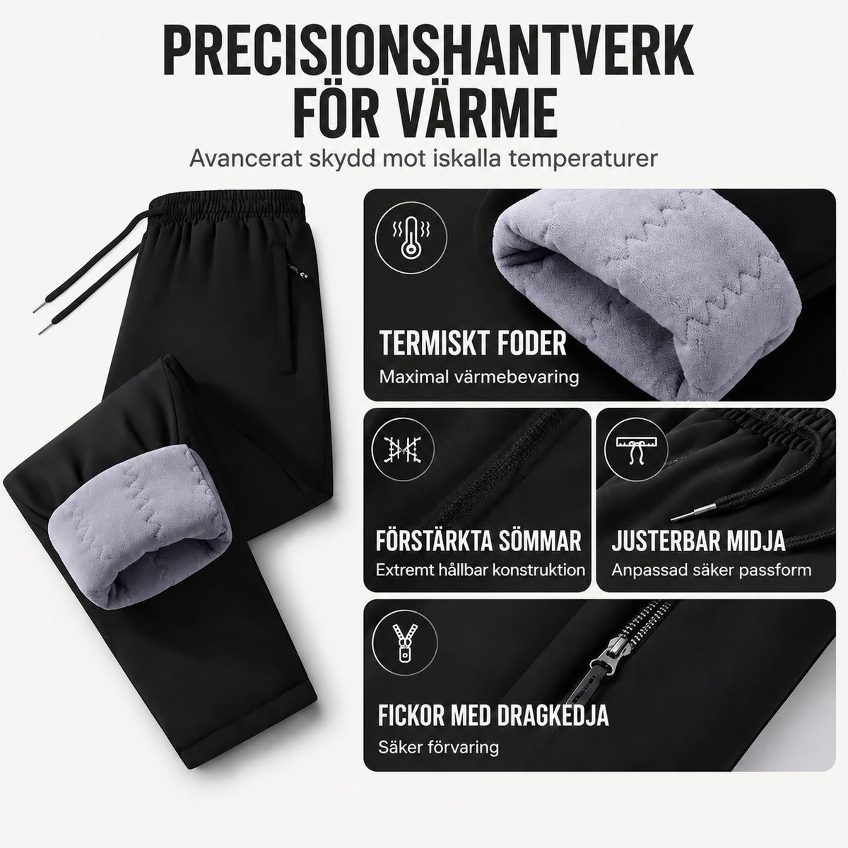 Vindtäta, vadderade termobyxor för män