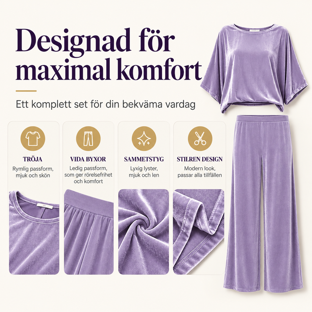 Set med halvärmad topp i sammet och byxor med vida ben för damer