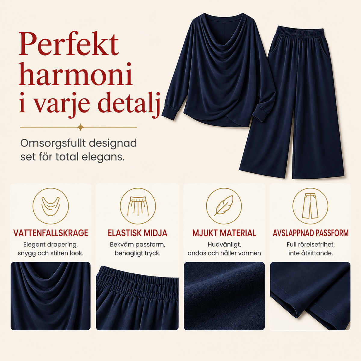 🍂 Velour Set för Dam – Cowl Hals, Vida Ben & Mjuk Elegans för Helg & Vardag