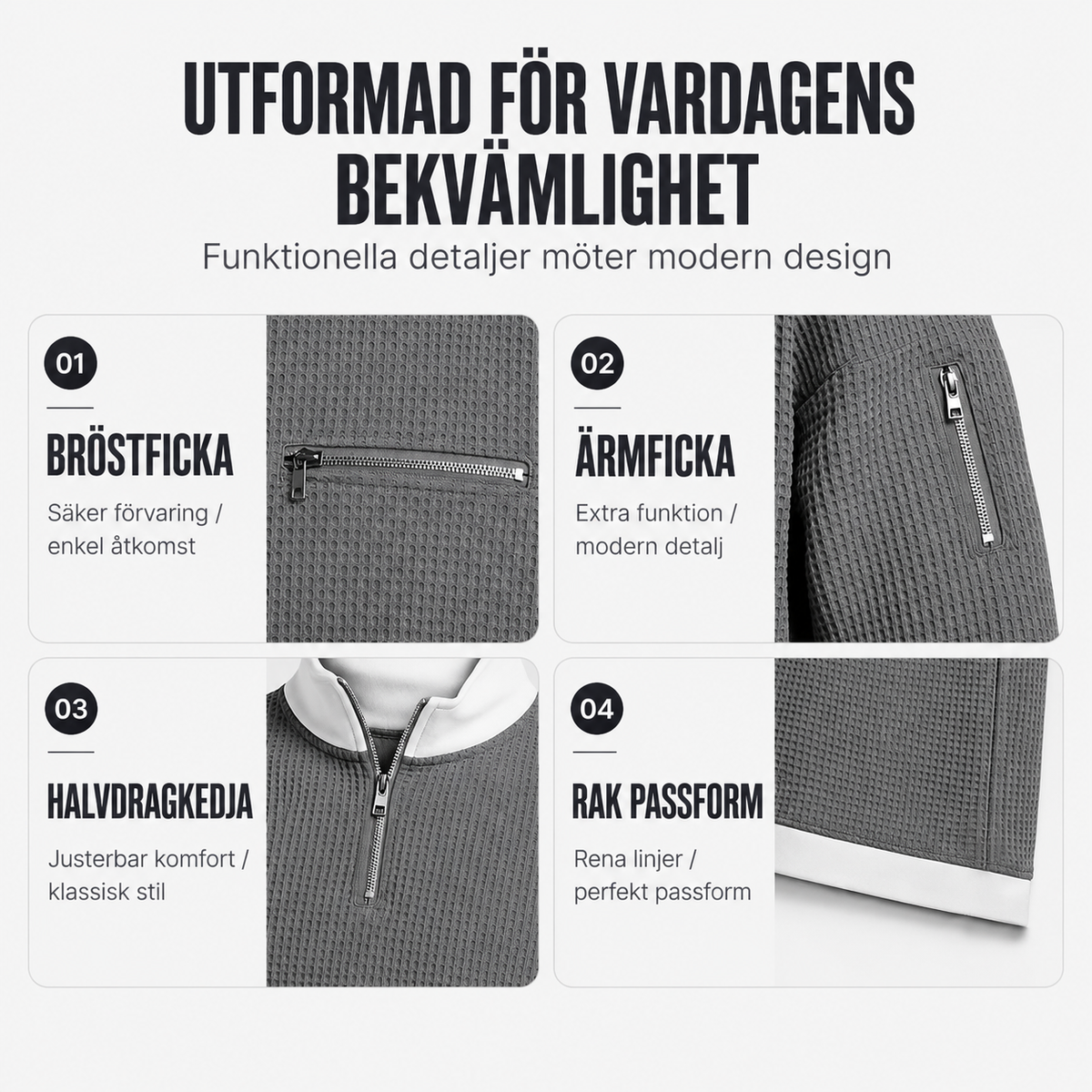👕Premium Våffelkofta för Män – Med 1/4 Dragkedja, Andningsbar & Modern Silhuett