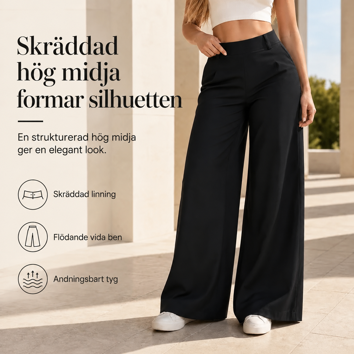 Casualbyxor för damer med hög midja, vida ben och skräddarsydd passform med ett flödande fall