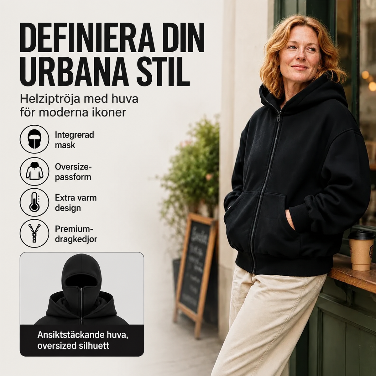 Herrtröja med dragkedja och dubbel huva