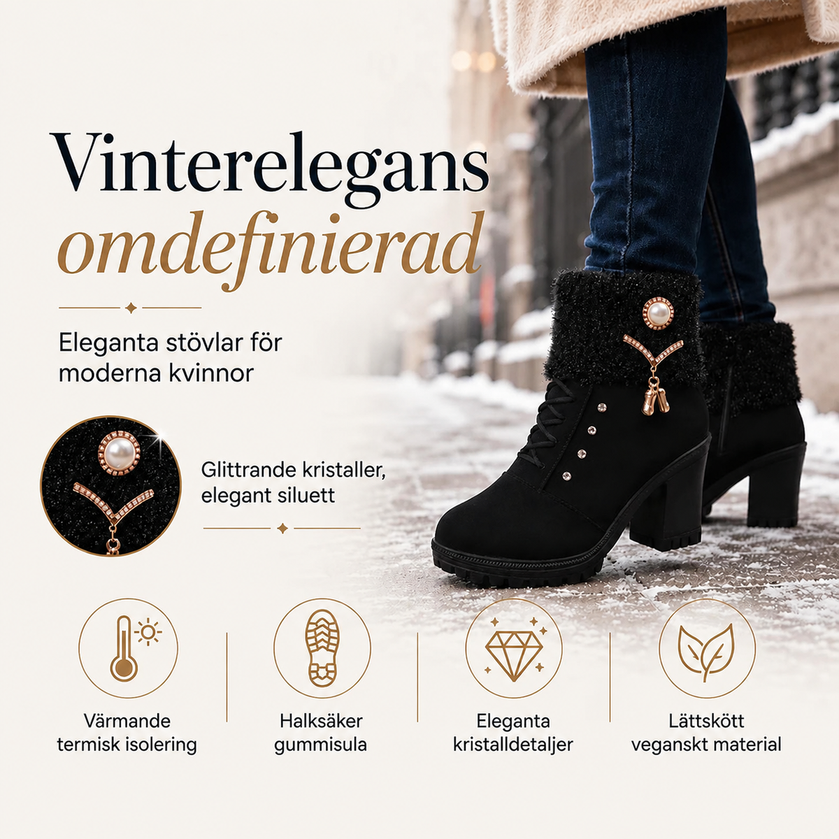 HET REA! Eleganta Svarta Vinterstövlar med Klack - Varma, Halkskyddade & Vattentåliga
