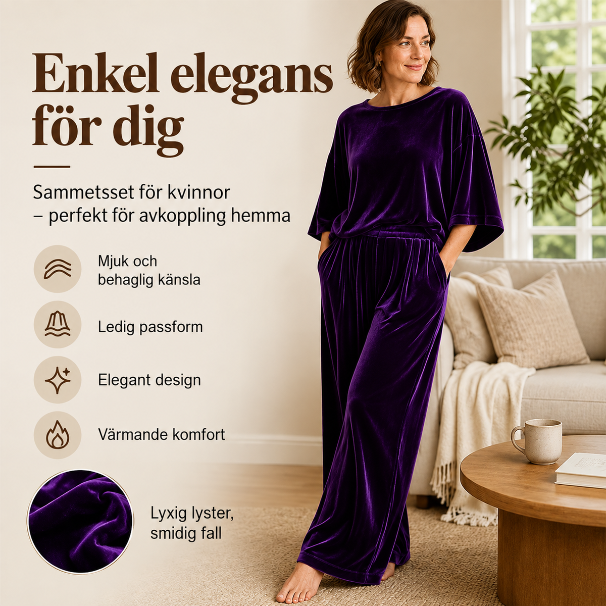 Set med halvärmad topp i sammet och byxor med vida ben för damer
