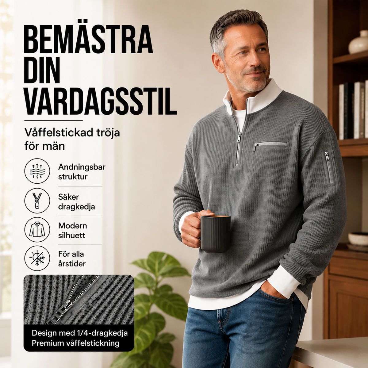 👕Premium Våffelkofta för Män – Med 1/4 Dragkedja, Andningsbar & Modern Silhuett