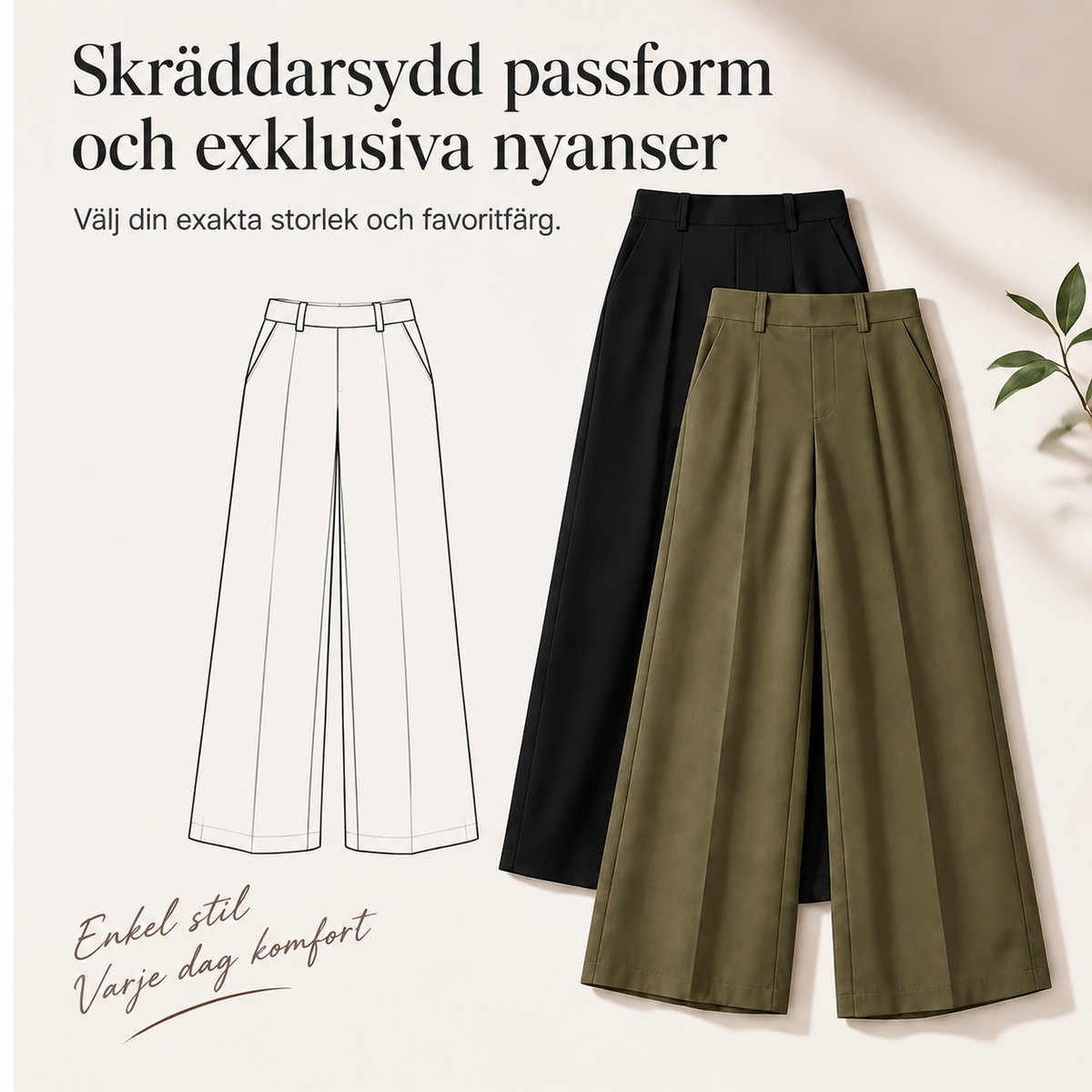 Casualbyxor för damer med hög midja, vida ben och skräddarsydd passform med ett flödande fall