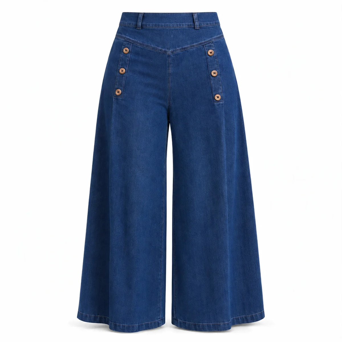 Högtaljade jeans med vida ben, stretchigt denim och dekorativa knappar