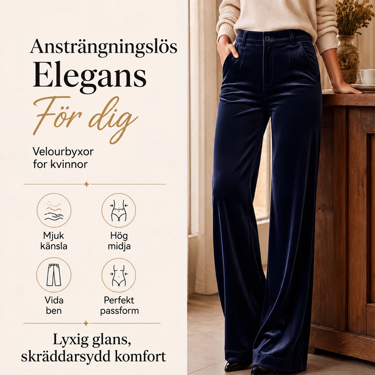 Lyxiga velourbyxor – hög midja, vida ben, perfekt passform