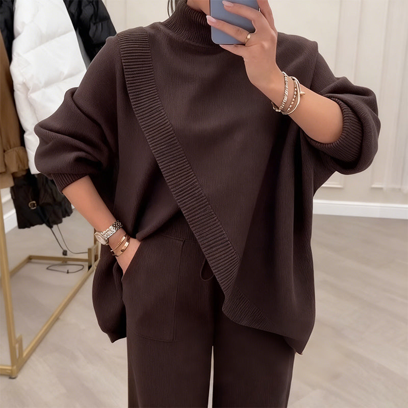 🔥 50 % RABATT! NYHET! Kvinnligt 2-delat set – asymmetrisk tröja + vida byxor, lös passform och mjukt tyg, extremt bekvämt 👚✨