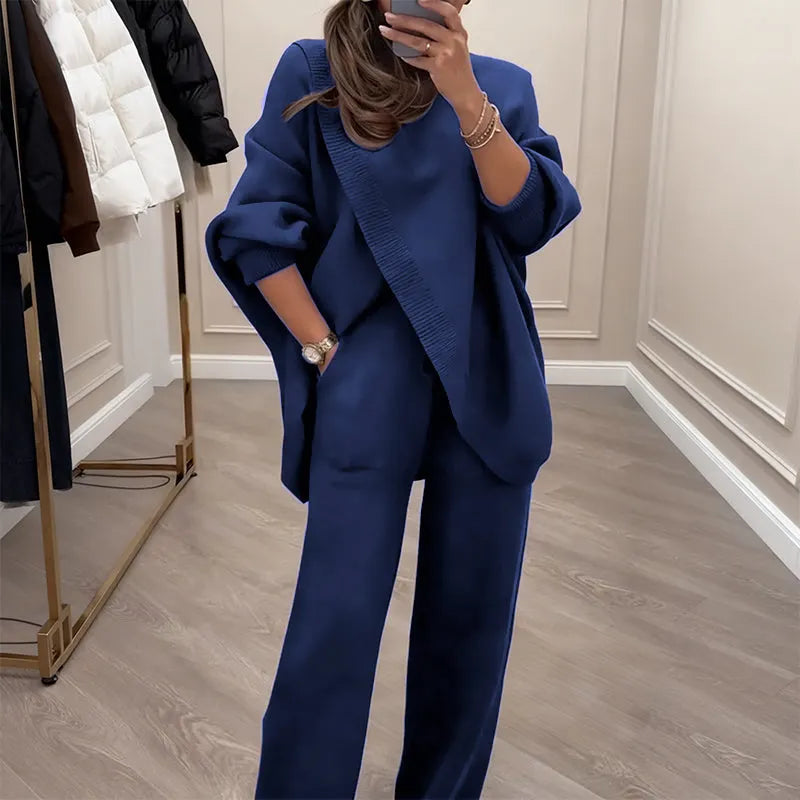 🔥 50 % RABATT! NYHET! Kvinnligt 2-delat set – asymmetrisk tröja + vida byxor, lös passform och mjukt tyg, extremt bekvämt 👚✨