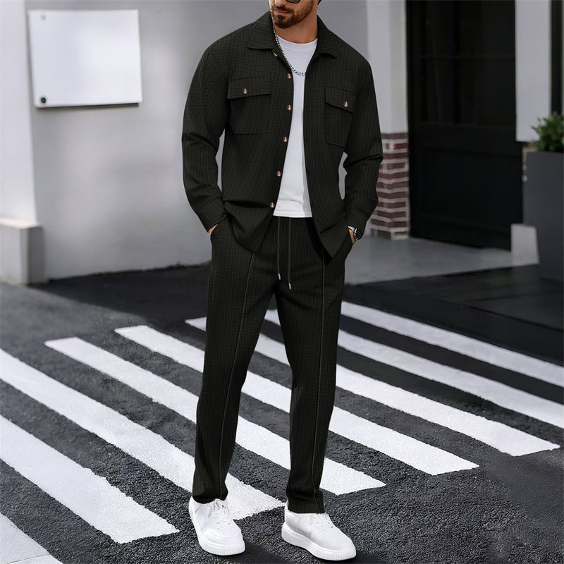 🧥 👖 | Herr Våffelmönster Set – Jacka & Byxor med Knappar