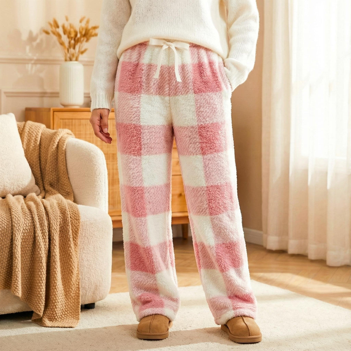 🎅SISTA DAG REA 50% RABATT🔥Vinter Vintage Pläd Elastisk Rak Lös Tjocka Varma Casual Byxor
