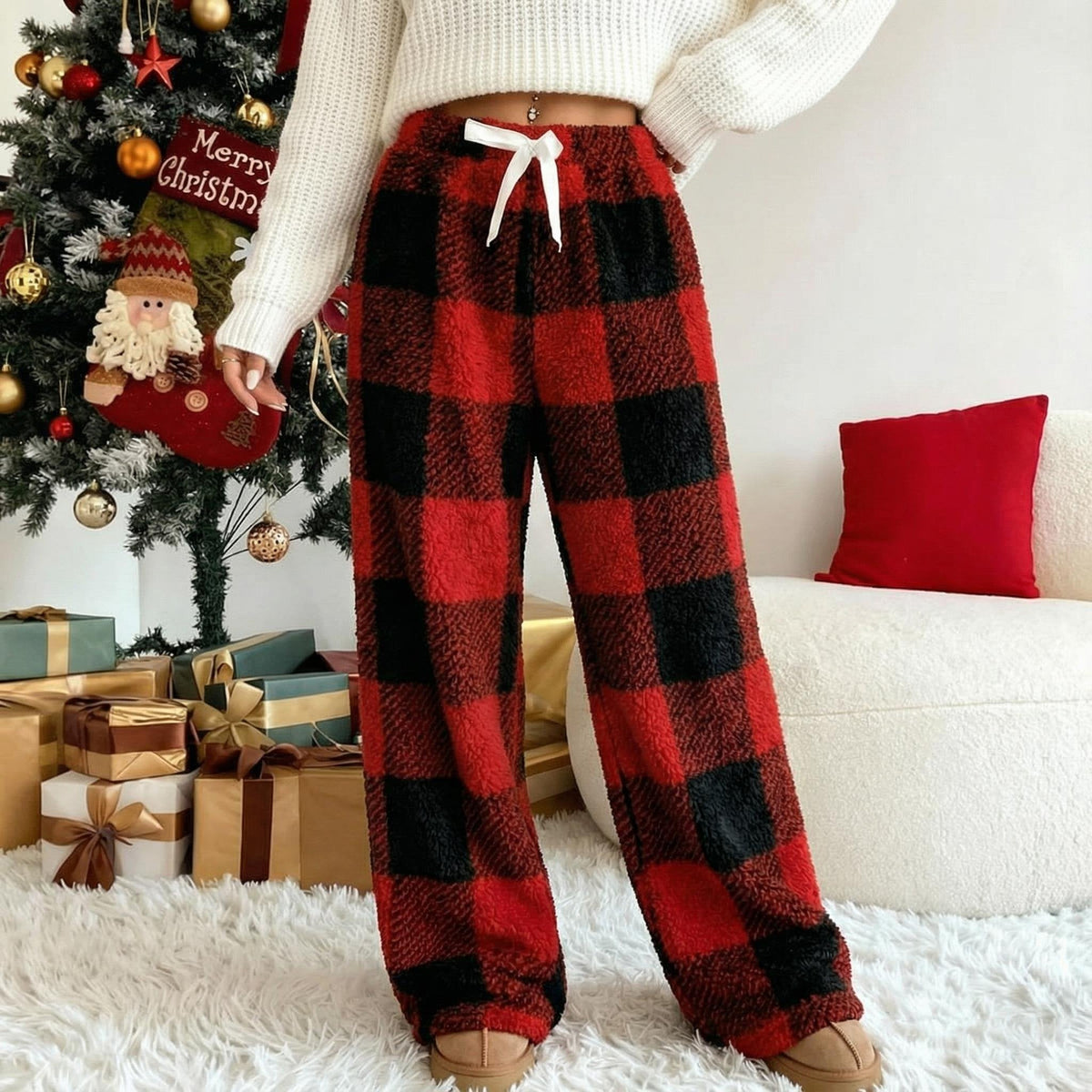 🎅SISTA DAG REA 50% RABATT🔥Vinter Vintage Pläd Elastisk Rak Lös Tjocka Varma Casual Byxor