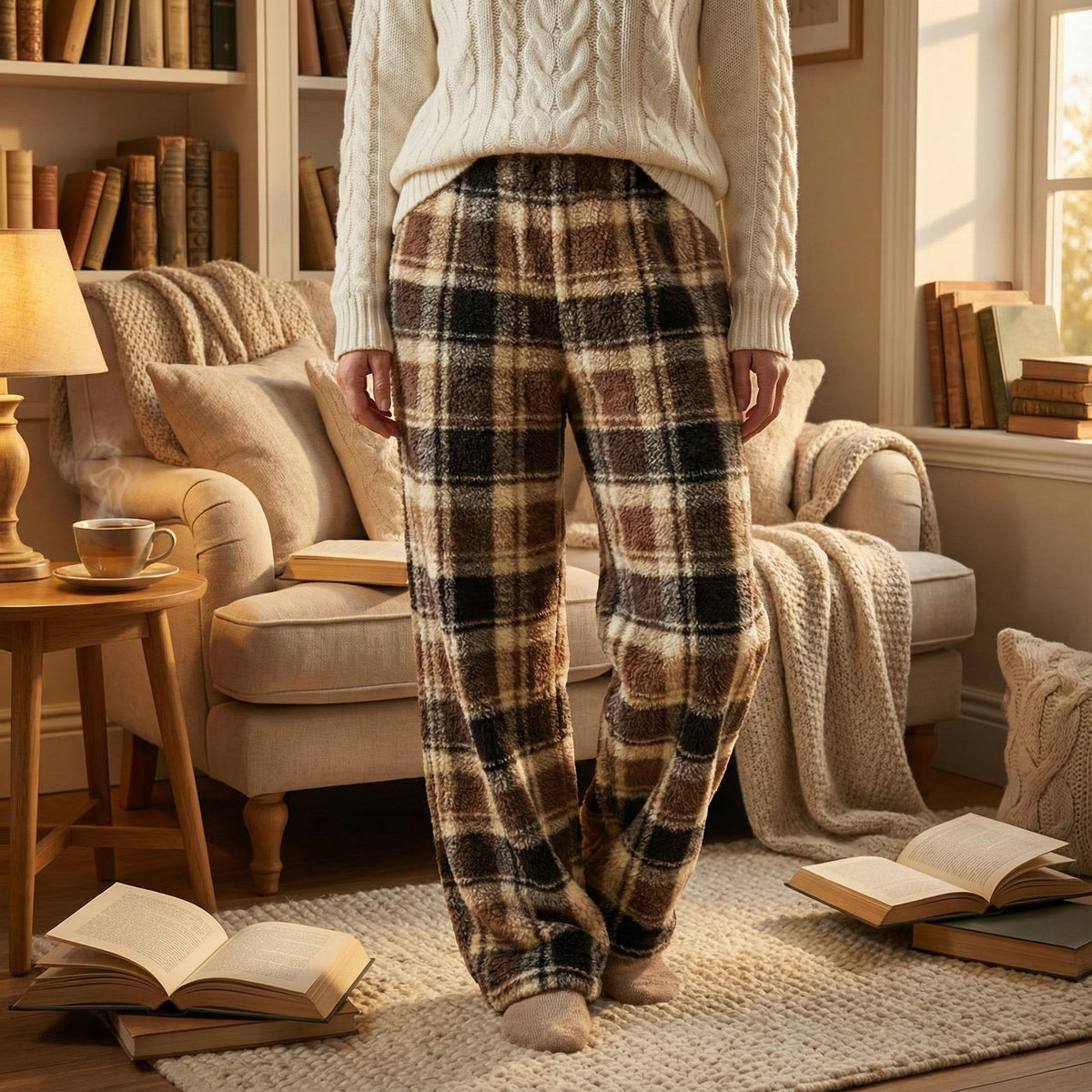 🎅SISTA DAG REA 50% RABATT🔥Vinter Vintage Pläd Elastisk Rak Lös Tjocka Varma Casual Byxor