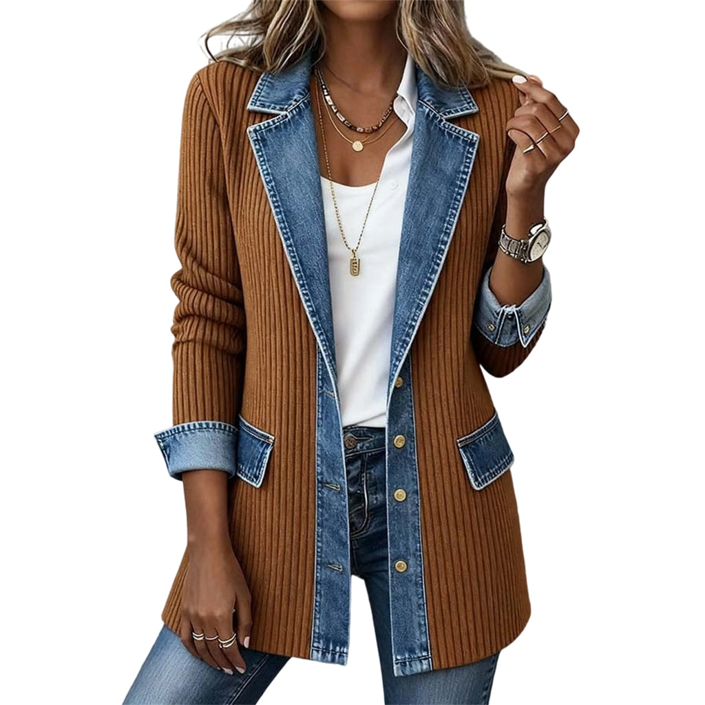 🧥Damens elegant ribbstickad kappa med jeansdetaljer