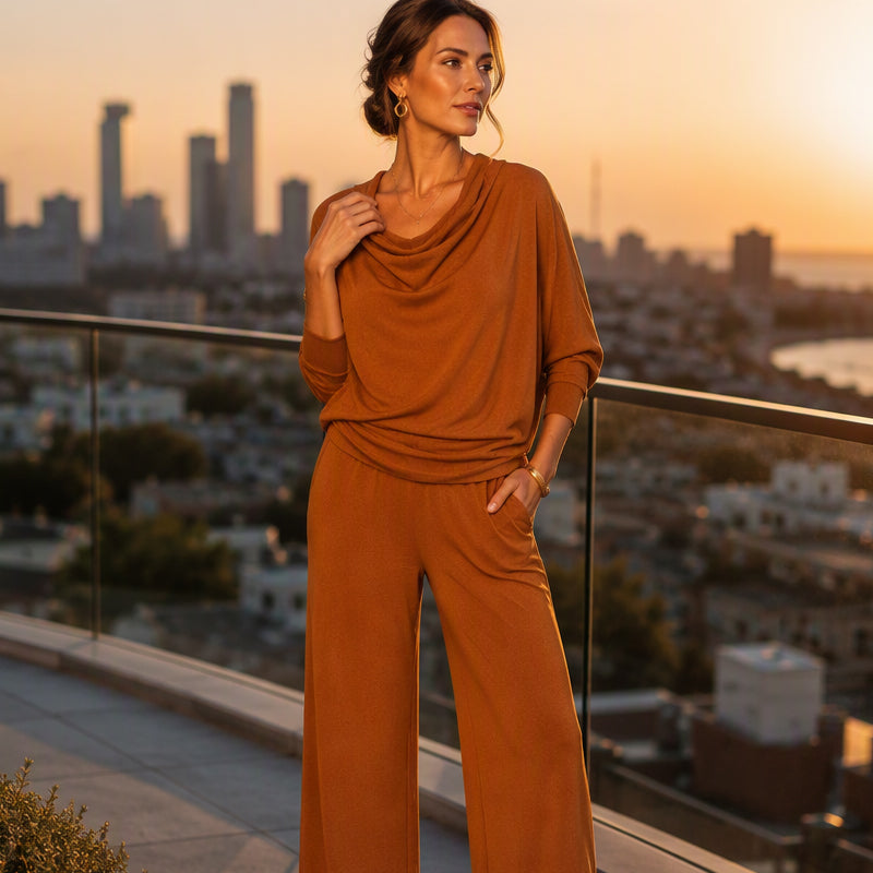 🍂 Velour Set för Dam – Cowl Hals, Vida Ben & Mjuk Elegans för Helg & Vardag